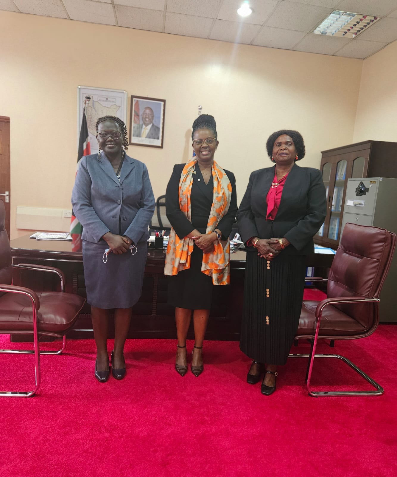 State Department for Gender and Affirmative Action Principal Secretary Madam Anne Wang'ombe and Minister Aya Benjamin Libo Warille of the Ministry of Gender, Child and Social Welfare in Southern Sudan pose for a photo during the visit.